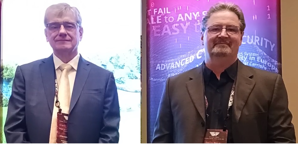 Glenn Wadden (left), president, Trihedral, a Delta Group company, and Barry Baker, vice president, Trihedral, and president of U.S. Trihedral, prepare to discuss latest trends in supervisory control and data acquisition (SCADA) software in a Control Engineering video interview during the 2024 ScadaFest. Tridhedral’s SCADA software is VTScada. Courtesy: Mark T. Hoske, Control Engineering