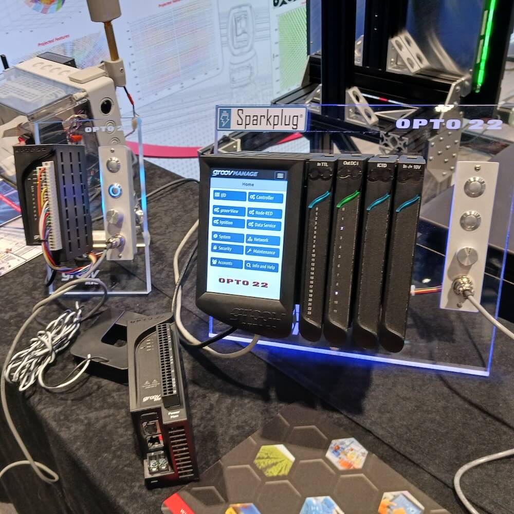 The Opto 22 groov edge programmable industrial controller (EPIC) system is configurable using online software with components to meet application needs, including the groov EPIC Chassis, groov PR1 Processor (and Manage screen), software, groov EPIC Power Supply and groov I/O Modules, as shown at at Automate 2024 event by A3, the Association for Advancing Automation, in Chicago. Courtesy: Mark T. Hoske, Control Engineering