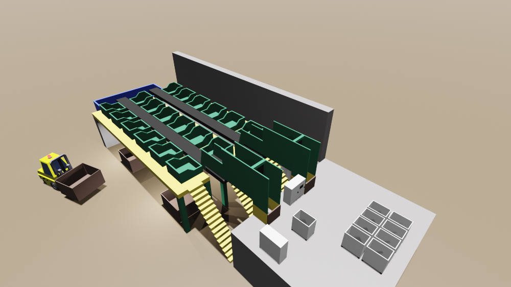 Figure 2a and 2b: Cart Sortation Line layout from a bird’s eye view (labeled and unlabeled). FactoryTalk View ME from Rockwell Automation runs on a touch-screen HMI. An ABB Jokab Pluto B20 safety processor controls safety switches. Courtesy: Cornerstone Automation 