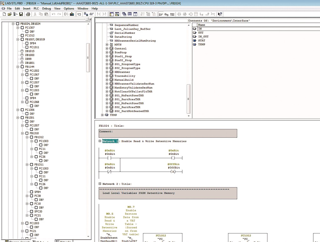 Multi-layer cascading of the code can be seen: The left side shows the call structure. The block that is opened is the main block that deals with the operation of the load station – FB1024. Every activity in the station (say operating a stop, operation of the barcode scanner, sending data to MPTS, etc.) was made into an instance and stored in the stat memory of the interface of the block. This caused the debugging to be extremely complicated and time-consuming. Courtesy: Patti Engineering